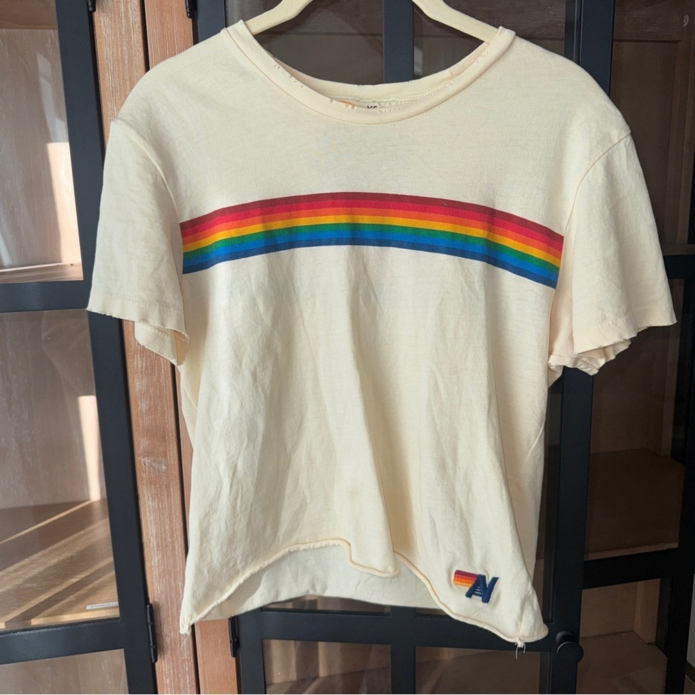 Aviator Nation rainbow 7 stripe cropped tee tshirt distressed rawhem butter logo